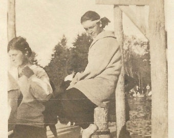 Teen Girl Wearing Headband Small Mini-Photo Rustic Wooden & Barb Wire Fence 1920’s Vintage Sepia Snapshot Girlfriends Western USA