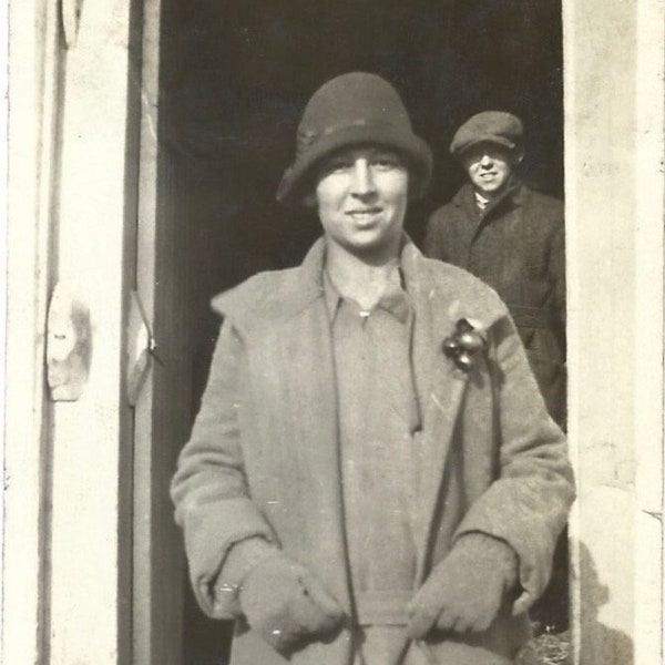 Vintage Photo Flapper Bakelite Brooch Cloche Hat 1920’s Fashion Teen Boy In Background