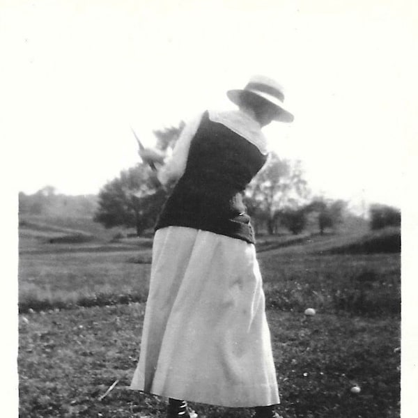 Antique Photo Woman Golfer In The Rough Vintage Golfing Attire Hat Back To Camera Golf Course