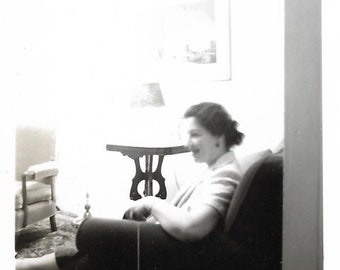 Pleasant Conversation Vintage Photo Lovely Woman Photographed In Scene Lit By Lamplight 1940’s Black & White Snapshot Interior Vintage Decor