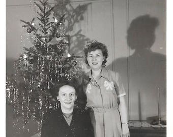 Christmas Tree & Woman’s Shadow On The Wall Vintage Photo Family Holiday Snapshot Vintage Christmas Decor Tinsel Ornaments