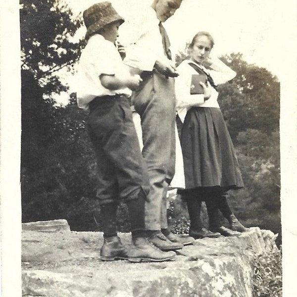 Hawk’s Nest Rock Antique Photo West Virginia Handsome Man Young Boy Bucket Hat Teen Girl Sailor Blouse Hiking 1913 Photograph School Teacher