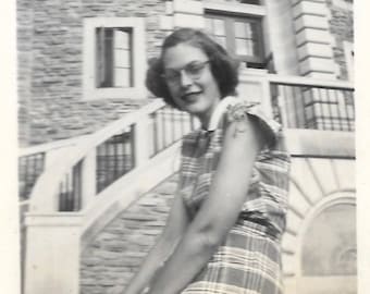 Pretty Girl On College Campus Dorm Summer 1949 Vintage Photo Eyeglasses Plaid Dress Dark Lipstick Casual Portrait