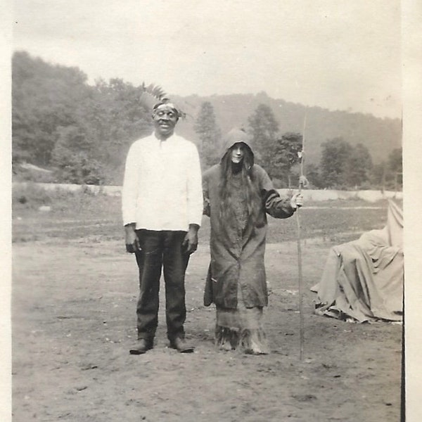 Black Man Wearing Native American Headdress Vintage Photo Costume Party Friend Dressed As Father Time Halloween 1940’s Snapshot