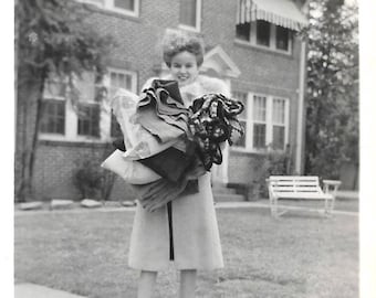 Vintage Snapshot "Moving In" Pretty Girl Armful of Clothing Granny Square Afghan College Dorm First Apartment Found Vernacular Photo