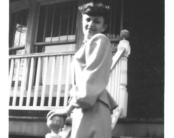 Vintage Photo Flirtatious Pose Pretty Girl In Stylish Outfit Poses On The Stairs 1940’s Snapshot