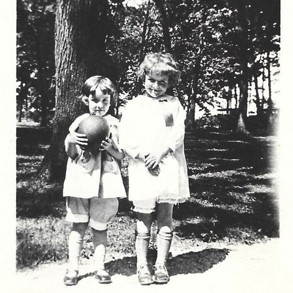 Antique Photo Adorable Children Playing Outdoors With Ball Cute Dresses Vintage Girls Shoes Edwardian Victorian Photo