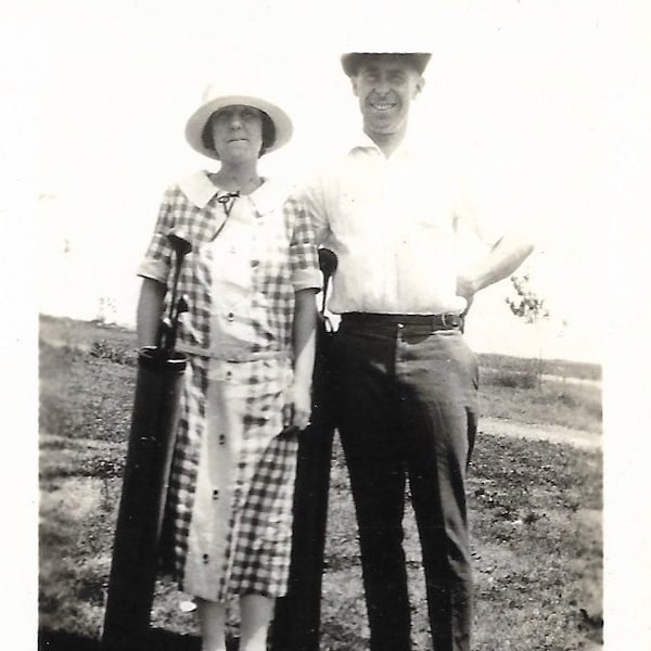 Vintage Golf Clubs Golf Bag Vintage Photo Woman Wearing Broad-Brimmed Hat & Plaid Dress Golfers Original Snapshot Country Club Golf Course