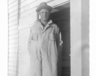 August 1945 Tall Man Wearing Goofy Hat Vintage Snapshot Black & White Photo
