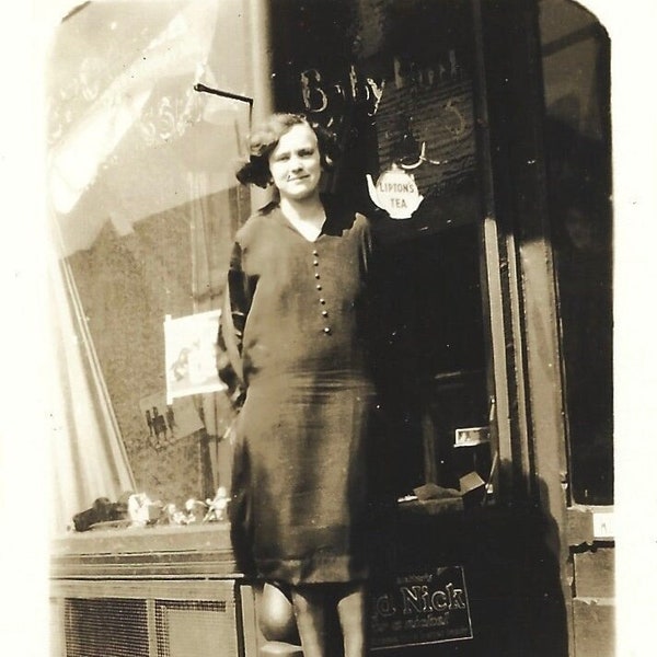 Young Woman Poses In Front Of Store Window Antique Photo Toys In The Window Lipton Tea Teapot Sign Shopping Or Working?