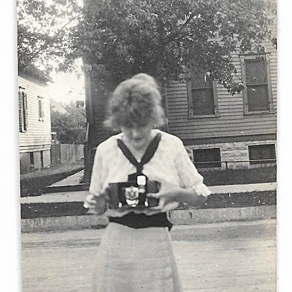 Dueling Cameras Antique Original Photo Young Woman With Accordion Camera Victorian Edwardian Snapshot Kodak Fold-Out Camera