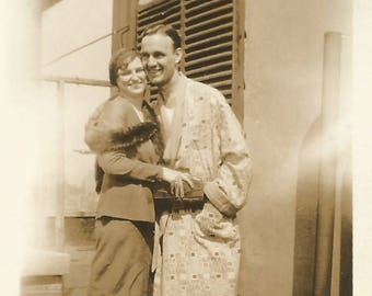 Vintage Snapshot "Suave & Debonair" Handsome Man In Silk Dressing Gown Hugs Pretty Flapper Found Vernacular Photo