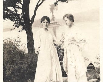 Vintage Snapshot "The Backdrop Is Falling Over" Serious Young Girl Worries Unworried Girl Rolls Her Eyes Found Vernacular Photo