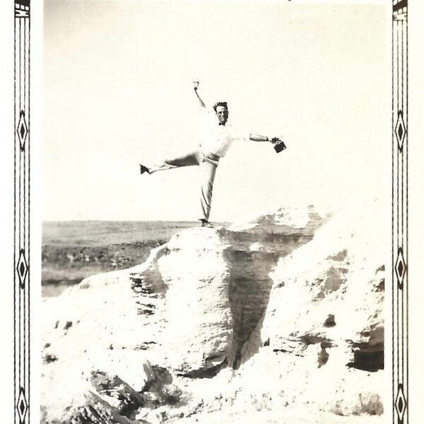 Vintage Photo Brave Young Man Balances On A Rock At The Grand Canyon He’s Holding A Box Camera 1940’s Tourist Souvenir Snapshot