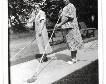 Shuffleboard Vintage Photograph Mature Women Play Shuffleboard Outdoor Games 1940’s Snapshot