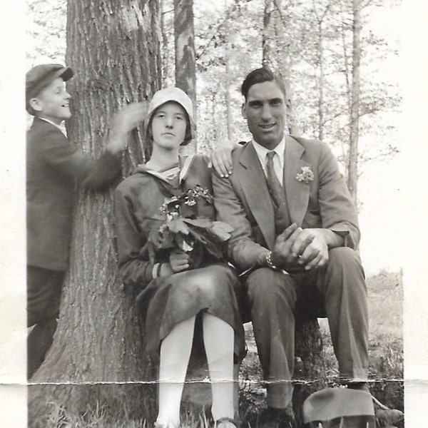 Just Married Vintage Photo Little Boy About To Surprise Flapper Bride & Tall Husky Bridegroom Wearing Gold Watch 1931 Wedding Michigan