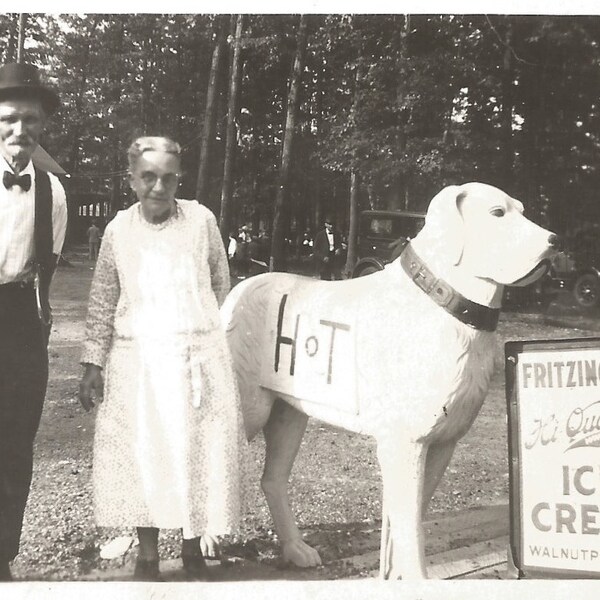 Vintage Snapshot "Hot Dog!" Restaurant Sign Fritzinger's Ice Cream Elderly Couple Walnutport Pennsylvania Found Vernacular Photo