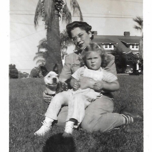 Boston Terrier Dog Vintage Photo Pretty Mom & Young Girl Pose With Family Dog 1940’s Original Snapshot