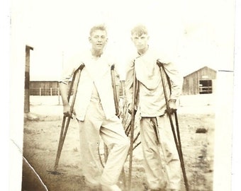 Young Men On Crutches Vintage Photo Soldiers Accident Injured Hospital Medical Equipment Sepia Photograph