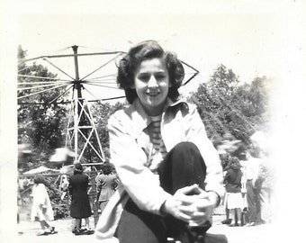 Vintage Photo Chair Swing Ride Amusement Park Saddle Shoes Cute Teen Girl Mid-Century Black & White Snapshot