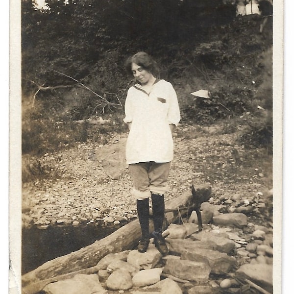 Shy Smile Teen Girl Vintage Snapshot Sailor Blouse Gelatin Silver Print Photo