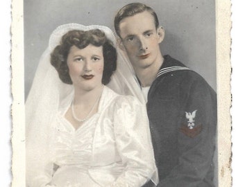 Hand-Tinted Vintage Wedding Photo, US Navy Groom
