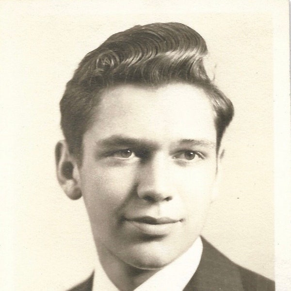 Soft Serve Ice Cream Hairstyle Vintage Class Photo Cute Teen Boy With Pompadour Hair Black & White Snapshot High School