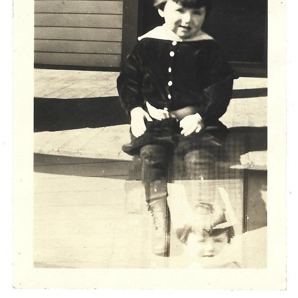 Double Exposure Vintage Photo Little Boy Wearing Velvet Suit & High Button Shoes Antique Photograph