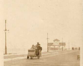 Vintage Snapshot "Sightseeing" Pedicab Atlantic City Boardwalk Wicker Rickshaw New Jersey Tourists Found Vernacular Photo