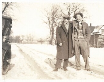 Vintage Snapshot "Plowing Through The Snow" Happy-Go-Lucky Guy & Friend Old Car Rural America Snow Drifts 1922 Found Vernacular Photo