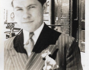 Vintage Photograph: Dapper Young Man, Pinstripe Suit, Bulldog Lapel Pin