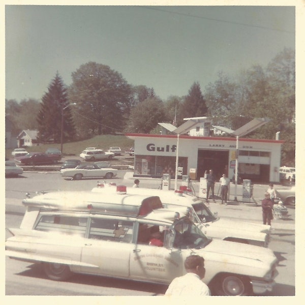 Vintage Snapshot "Small Town U.S.A." Parade Cadillac Ambulance Gulf Gas Station 1960's Cars Color Snapshot Found Vernacular Photo