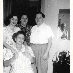 Snazzy Woman Reflected In Mirror Photo Bomb Vintage Snapshot Family Portrait 1940’s Black & White Photography