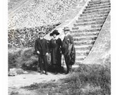 Well-Dressed Woman Poses With Two Men Before They Attempt To Climb Steps Of Ancient Civilization Ruin Vintage Snapshot Photo
