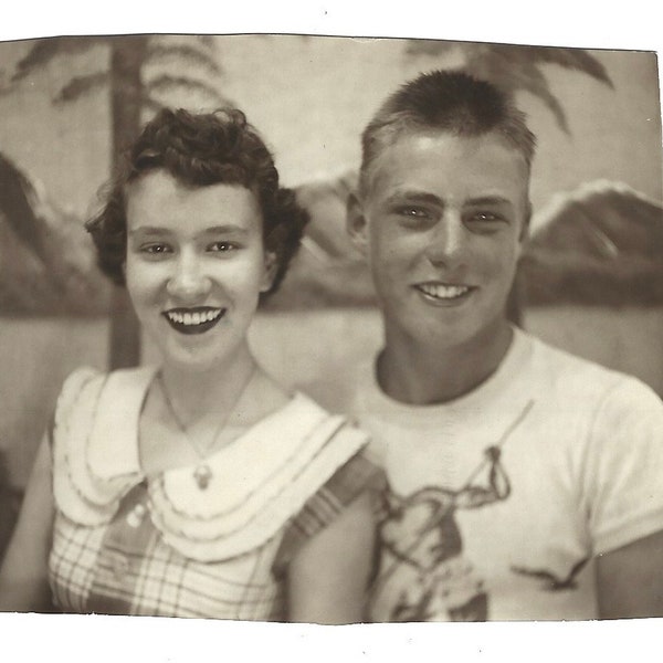 High School Sweethearts Vintage Photo Booth Snapshot Teen Girl & Boy 1950’s Hairstyles Crew Cut Big Smiles Teenagers Arcade Photo