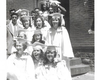 Graduation Day Vintage Photo Happy Teen Girls Wearing Mortarboards & Graduation Gowns High School Snapshot