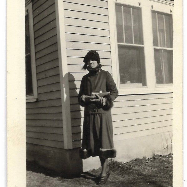 Pretty Girl Wearing Fur-Trimmed Coat Flapper Fashion Vintage Photograph