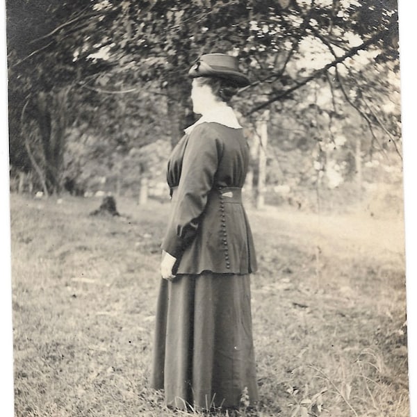 Covered Buttons Antique Photograph Woman Wearing Dress With Dorset Buttons Edwardian Fashion Stylish Hat Lace Collar Back To Camera