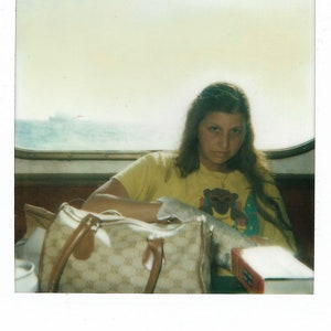 Snacking On Potato Chips While Taking A Ferry Ride Vintage Photo Teen Girl Wearing Funny T-Shirt Color Polaroid Vintage Designer Handbag