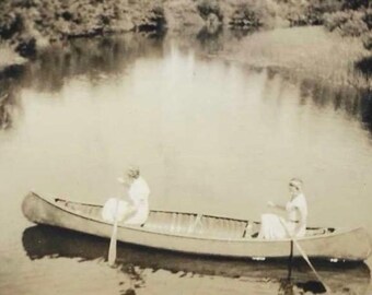 Vintage Photo Women Canoeing Peaceful Calm Water Reflection