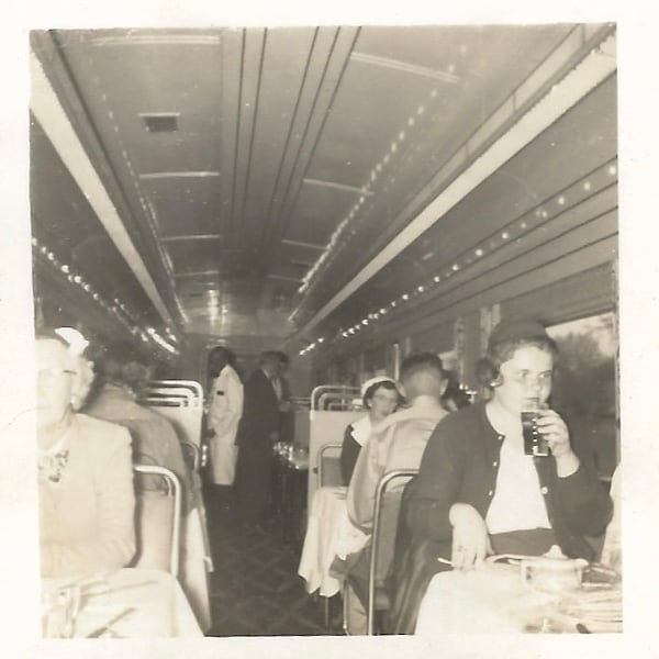 Railroad Train Dining Car Vintage Mini-Photo Black Waiter Railway Passengers 1940’s Black & White Snapshot Abstract Perspective