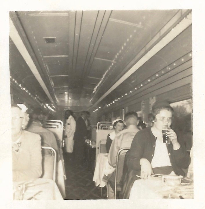 Railroad Train Dining Car Vintage Mini-Photo Black Waiter Railway Passengers 1940’s Black & White Snapshot Abstract Perspective