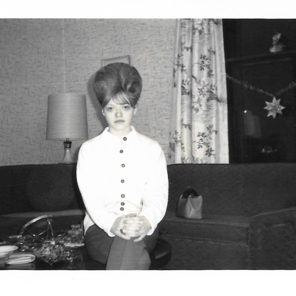 Beehive Hairdo Big Hair Young Woman On The Sofa Christmas 1964 Vintage Photograph Original Black & White Snapshot