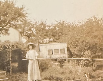 Vintage Photo Woman Fishing Off The Dock Edwardian Summer Dress & Hat