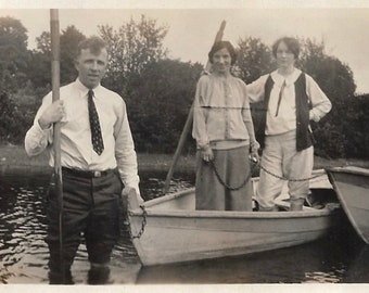 Row Row Your Boat Vintage Photo Tomboy Woman With Oar Standing In Wooden Rowboat Friends Going Boating 1920’s Snapshot