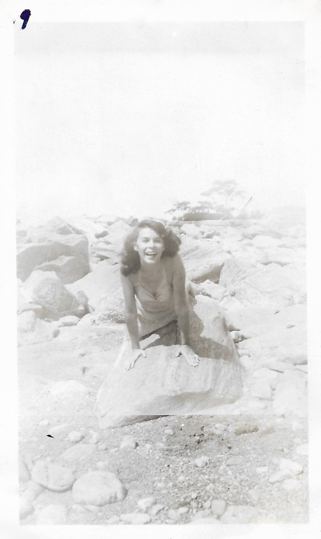 Pinup Girl Bathing Beauty 1943 Snapshot Laughing Young Woman on the