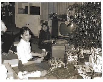 Christmas Morning Vintage Snapshot Cute Sisters Gifts Under The Christmas Tree 1965 Black & White Polaroid Photo Vintage Television Set