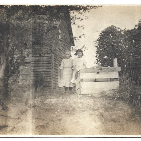 Antique Photograph Young Girls Edwardian Era Stand By Wooden Gate Rural Farm Country Girls Victorian Vintage Photo
