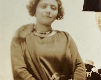 Vintage Sepia Portrait Photo: Young Woman, Curly Hair, Fur Collar Necklace