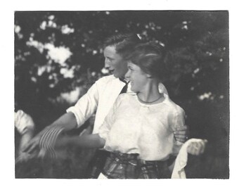 Attractive Young Man & Woman Antique Photo Patriotic Holiday American Flag Victorian Edwardian Fashion Candid Photograph